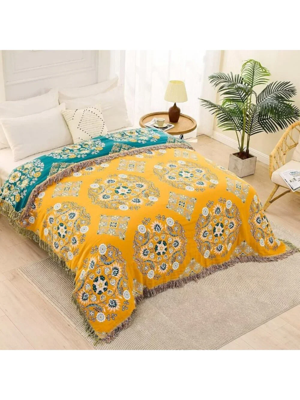 Cozy Boho Throw Blanket - 100% Cotton Ultra Soft Floral Quilt, All Season Decor